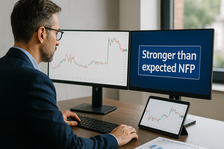 Investor analyzing USD/JPY chart and NFP news alert on dual monitors in a modern office