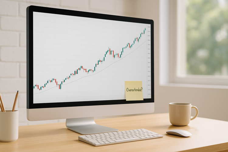 Stock chart with uptrend and moving average, note reads 'Overextended?