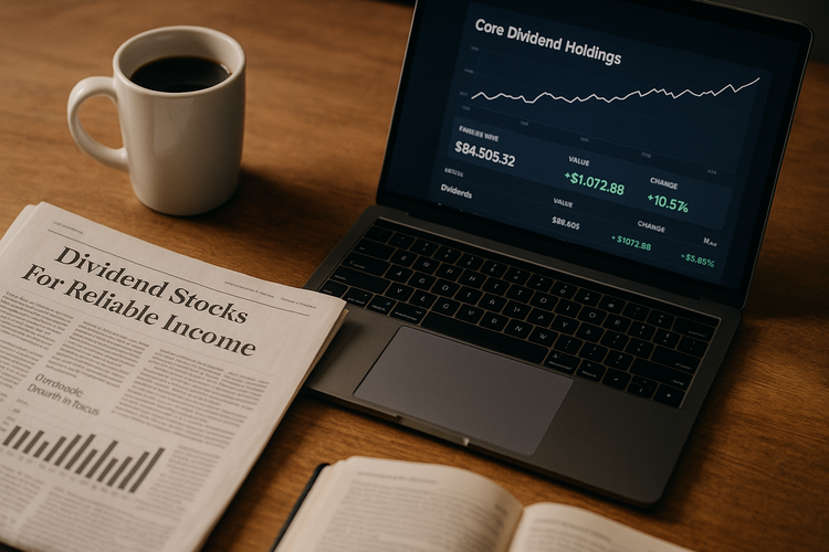 Morning workspace with dividend portfolio dashboard, financial newspaper, and coffee mug.
