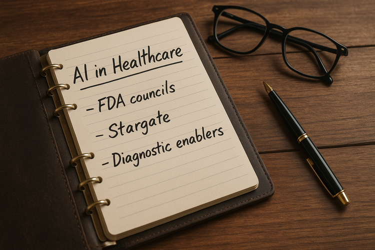 AI in Healthcare journal notes on desk with pen and glasses
