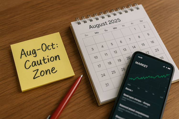 Seasonal investing caution with August 2025 calendar, sticky note, and stock app