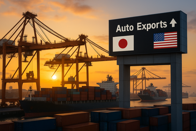Sunrise at Tokyo port with auto exports sign and Japan-US flags.