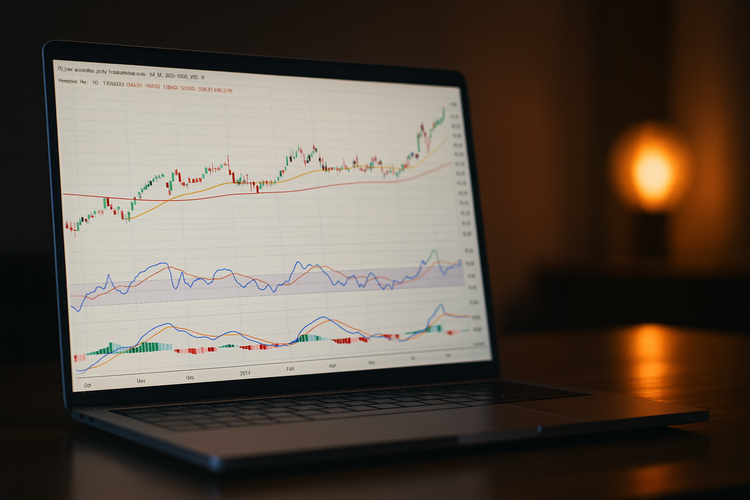 Laptop displaying stock chart with RSI, MACD, and moving averages in dim lighting.