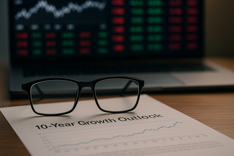 Black-framed glasses on a “10-Year Growth Outlook” report with a rising chart, set against a blurred background of live stock market data on a laptop.