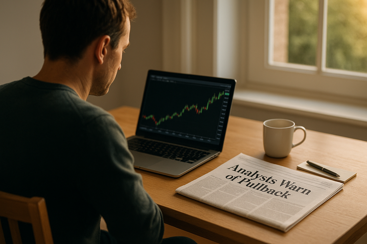 Retail investor reviewing rising stock chart with newspaper headline ‘Analysts Warn of Pullback’