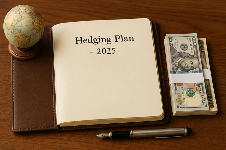 Open notebook titled Hedging Plan 2025 with globe, currency, and pen