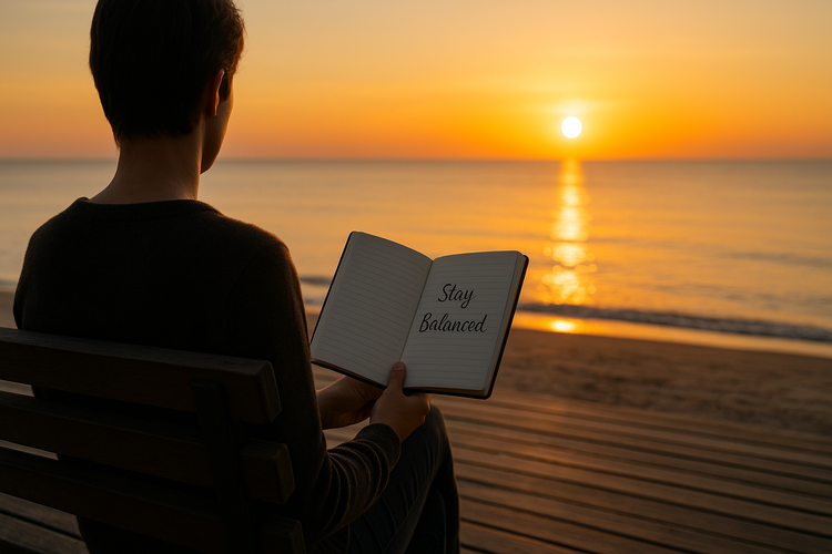 Sunrise reflection with person holding notebook reading “Stay Balanced” by ocean
