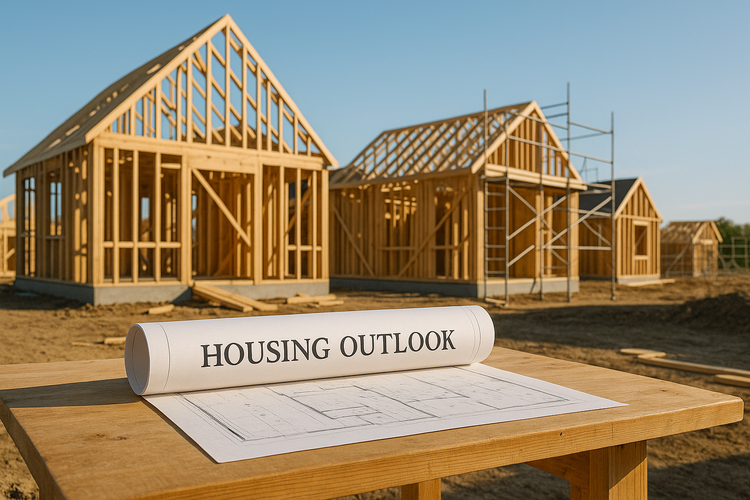 Suburban construction site with blueprint titled Housing Outlook under clear sky