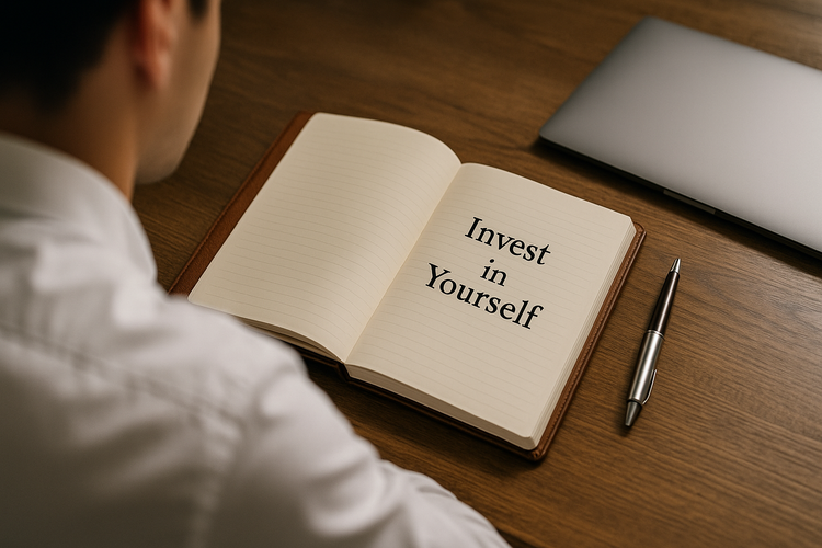 Over-the-shoulder view of man reading notebook with text Invest in Yourself