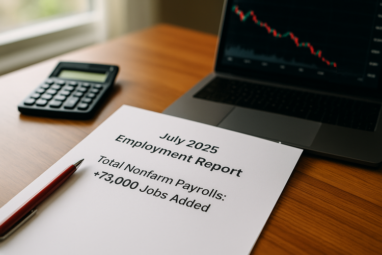 July 2025 jobs report on desk with market chart showing sharp decline