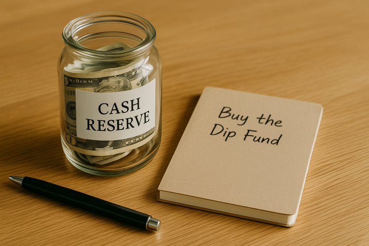 Clear glass jar labeled Cash Reserve with notebook Buy the Dip Fund