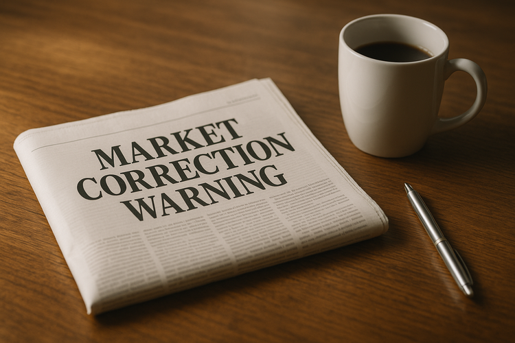 Folded newspaper with "Market Correction Warning" headline on wooden desk