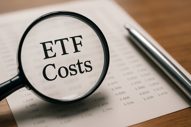 Magnifying glass highlighting ETF costs on financial report with silver pen nearby