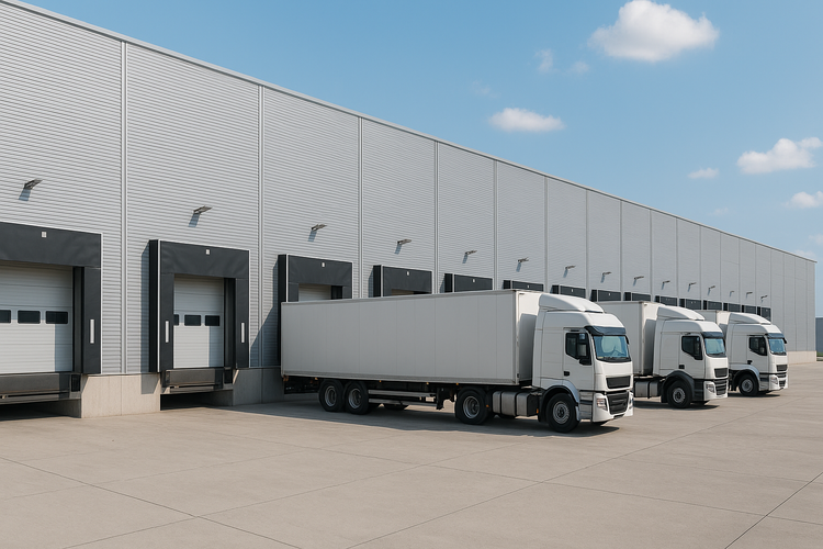 Modern warehouse with semi-trailer trucks parked at loading docks under clear sky