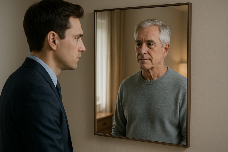 Young professional sees older retired self in mirror, symbolizing financial future