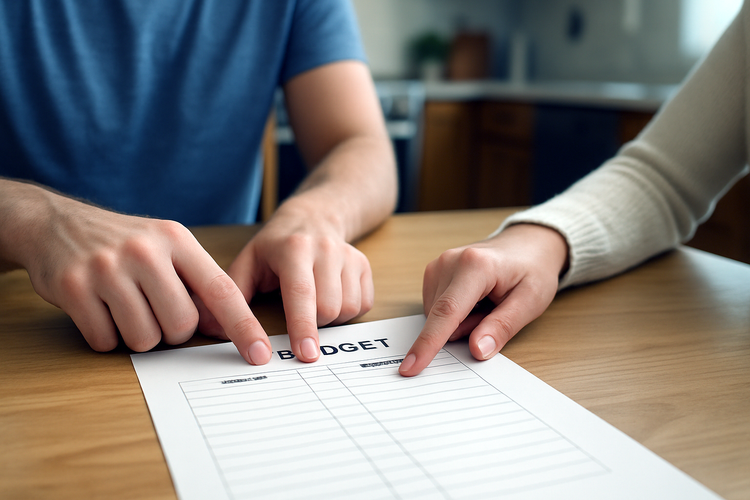 Hands pointing at family budget worksheet on wooden kitchen table, natural daylight.