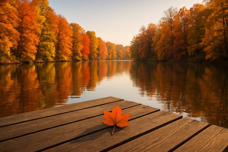 Autumn lake with wooden pier and single leaf symbolizing seasonal reflection