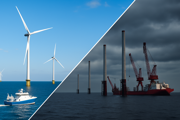 Operational European wind farm contrasts stalled US offshore project under cloudy skies