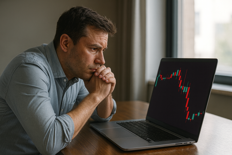 Focused trader analyzing candlestick chart on laptop in natural daylight workspace.