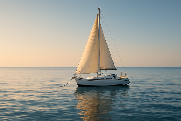 Sailboat anchored on calm blue sea under warm golden sunrise horizon