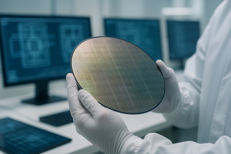 Engineer holding semiconductor wafer in cleanroom lab symbolizing AI chip growth