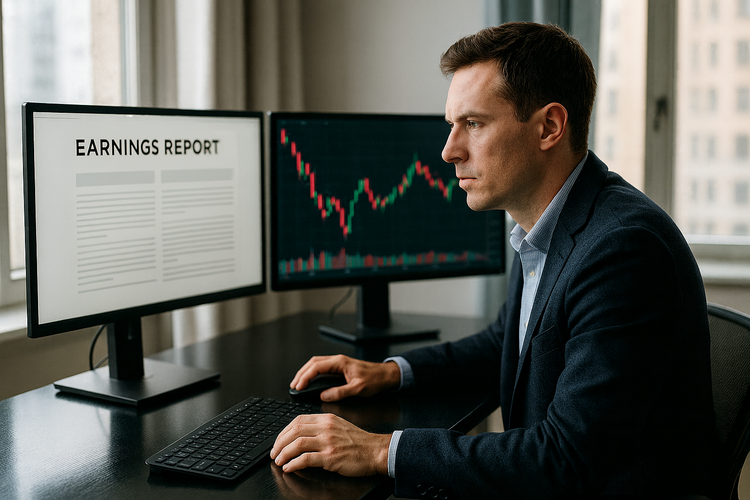 Focused investor analyzing earnings report beside market chart on dual computer screens