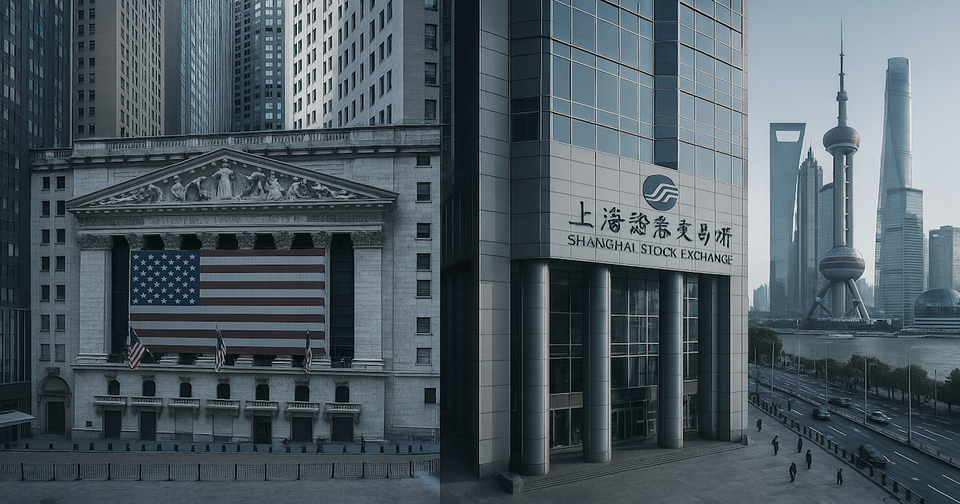 New York and Shanghai Stock Exchanges, global markets contrast, high-angle urban finance photo