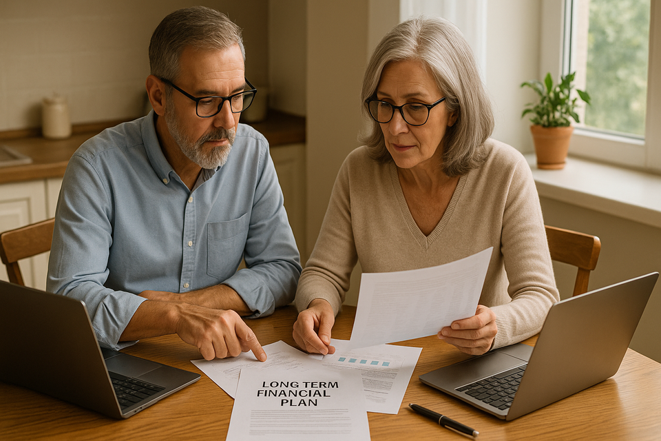 Retiree couple reviewing financial plan at bright kitchen table.