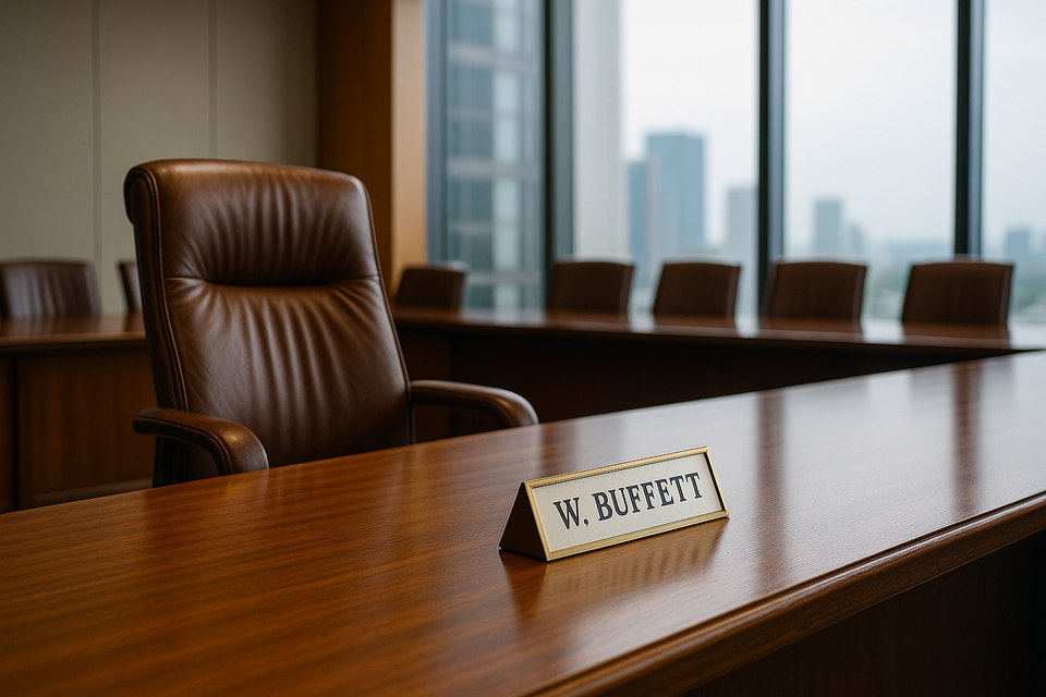 Empty boardroom with “W. Buffett” nameplate symbolizing leadership transition at Berkshire Hathaway.