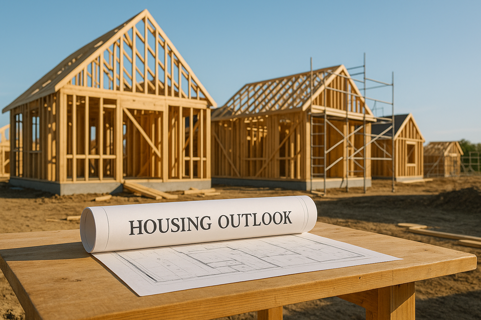 Suburban construction site with blueprint titled Housing Outlook under clear sky