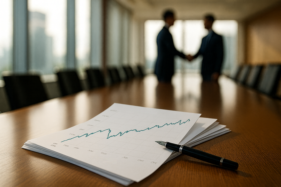 Boardroom handshake with financial growth chart and pen on conference table