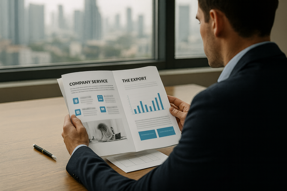 Investor reading annual report with bar chart and services overview by window