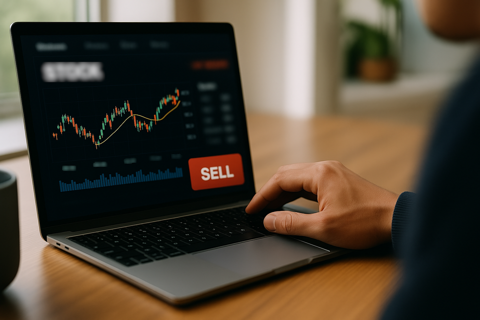 Investor’s hand hovering over laptop keyboard with visible red “Sell” button