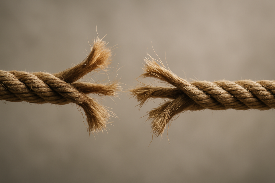 Two fraying natural-fiber ropes separating mid-air symbolizing market tension and volatility