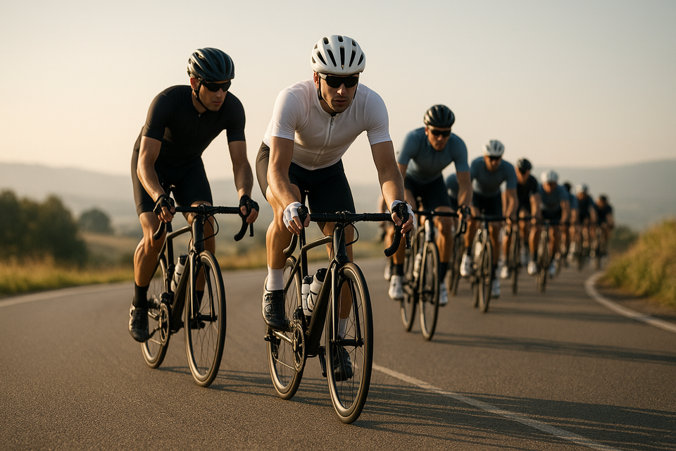 Cyclists climb uphill at sunrise, rotating leadership in a coordinated peloton formation