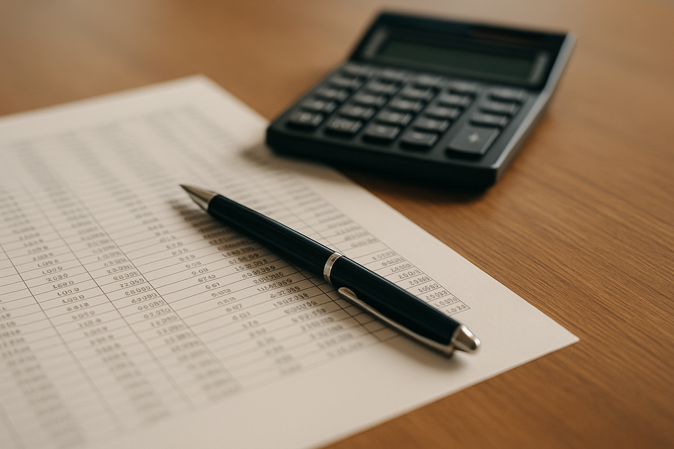 Financial analyst desk with calculator, pen, and printed report under natural light