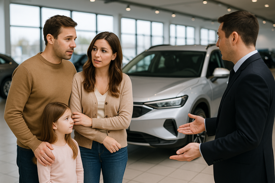 Family discussing electric SUV purchase with salesman inside modern bright car showroom