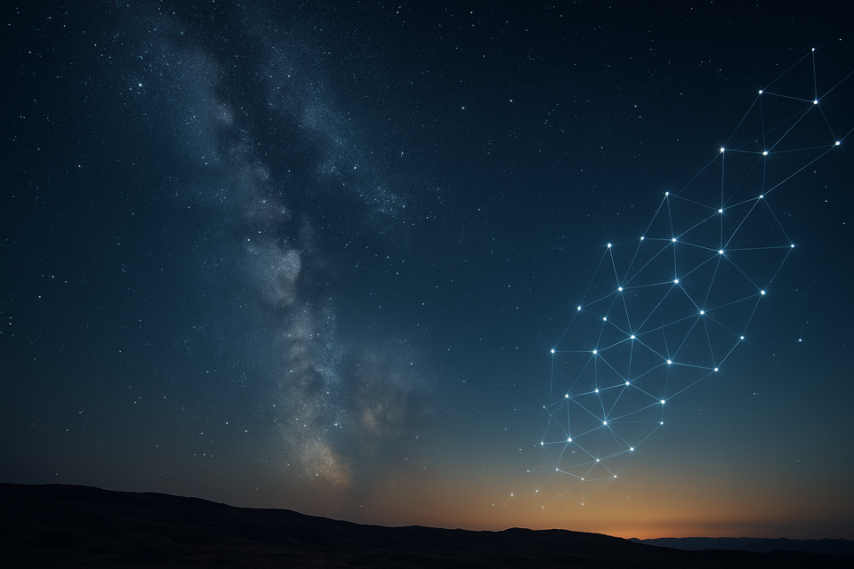 Night sky blending constellations with glowing digital network over distant illuminated horizon