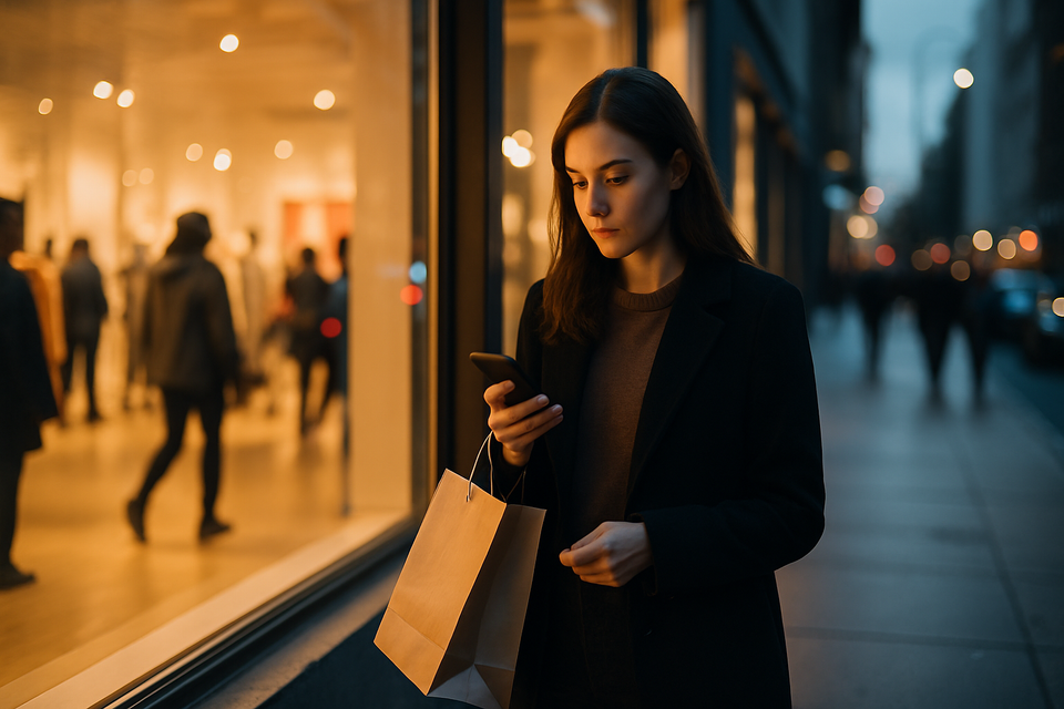 Shopper hesitates outside glowing storefront, symbolizing strong spending and weak confidence